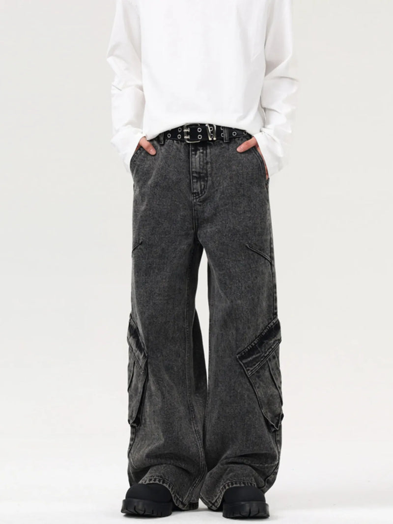 Men's black gray wide leg cargo jeans