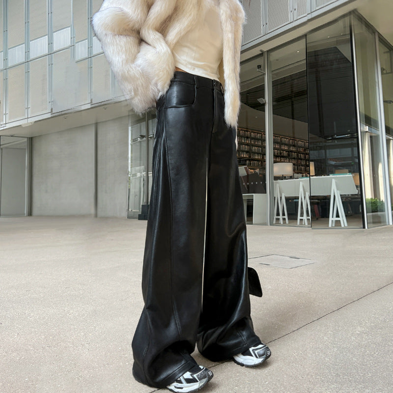 Black high waisted wide leg PU leather pants for women