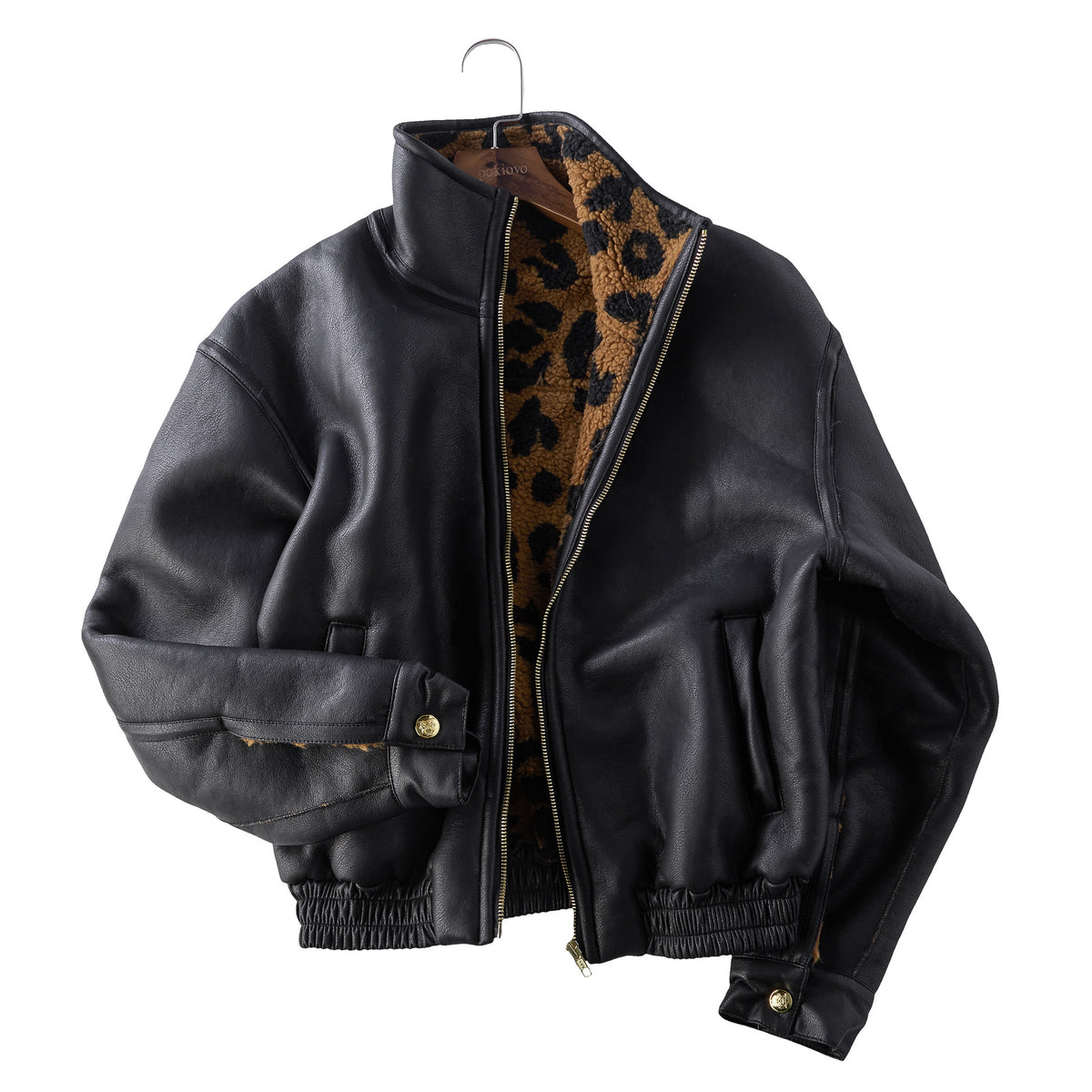 Leather and leopard print patchwork PU leather cotton jacket for women