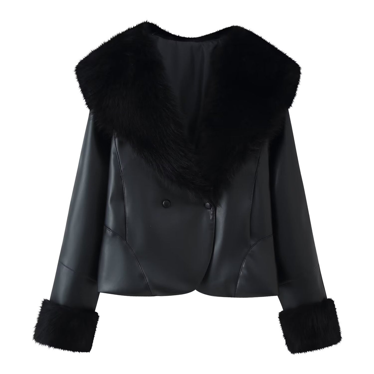 Street fur collar patchwork leather jacket long sleeved jacket