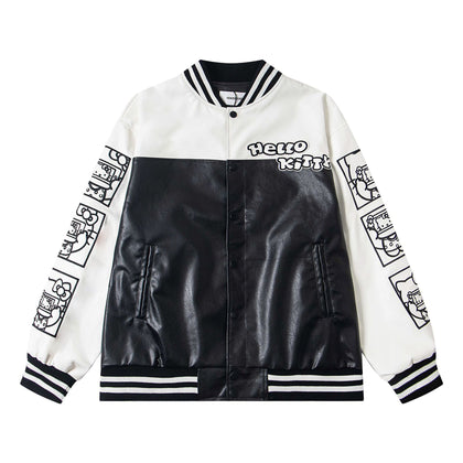 Embroidery Patchwork Baseball Jacket Unisex Trendy Loose Casual Leather Coat