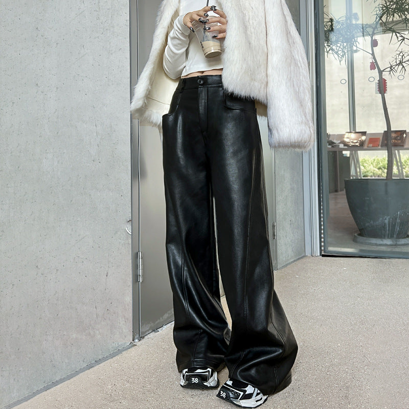Black high waisted wide leg PU leather pants for women