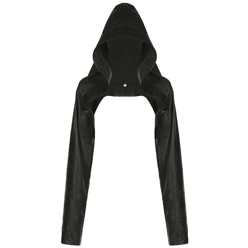 Hooded ultra short motorcycle leather long sleeved pure black jacket