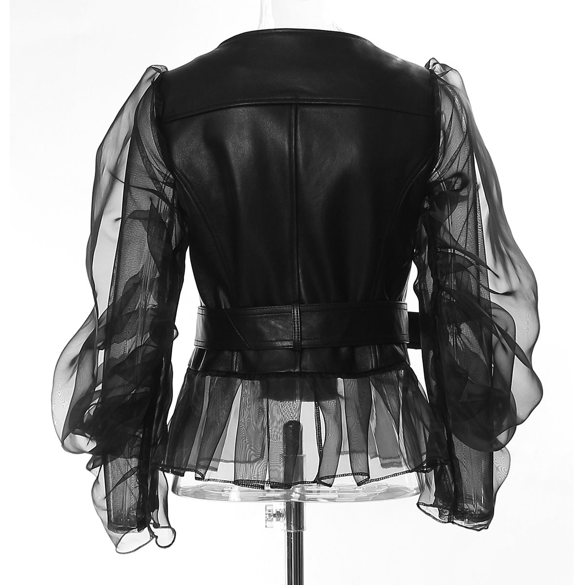 Short Coat Women Organza Bubble Sleeved Ruffled Fashion Leather Jacket Streetwear Retro Y2k Black Faux Leather Jacket Autumn