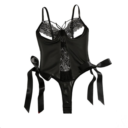 Sexy strap patent leather lace spliced leather fabric sexy leakage suspender jumpsuit