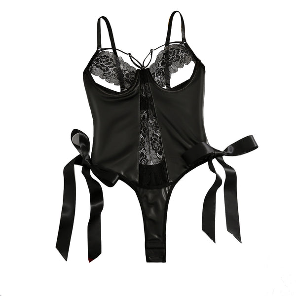 Sexy strap patent leather lace spliced leather fabric sexy leakage suspender jumpsuit