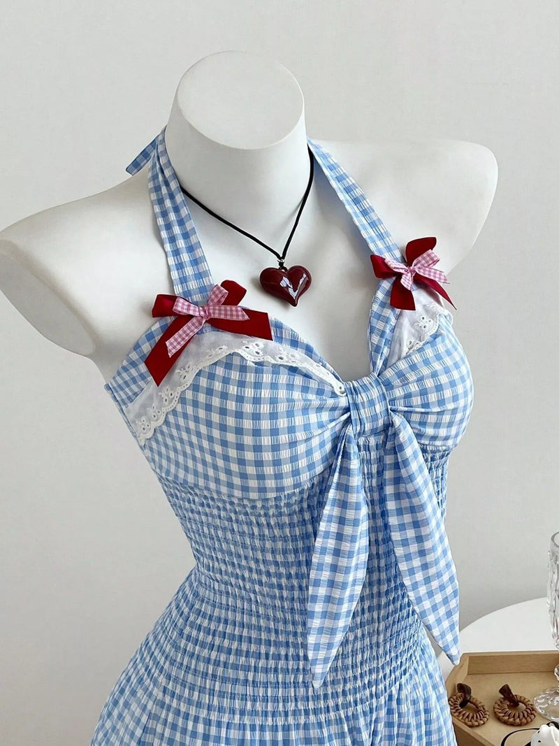 Blue gingham bowknot halter neck romper, view 2