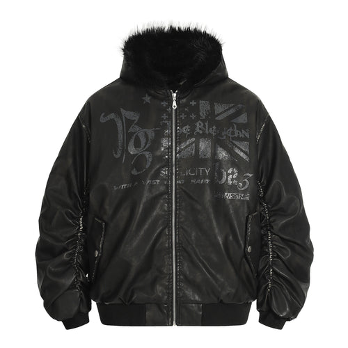 Retro hooded faux leather padded jacket