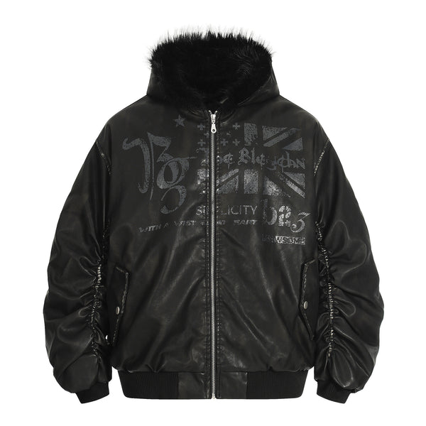 Retro hooded faux leather padded jacket