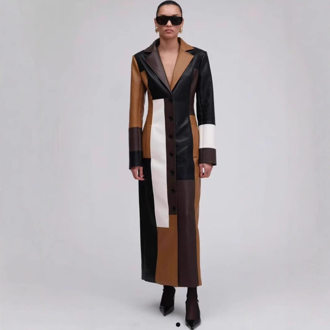 Autumn and winter V-neck women's long leather dress