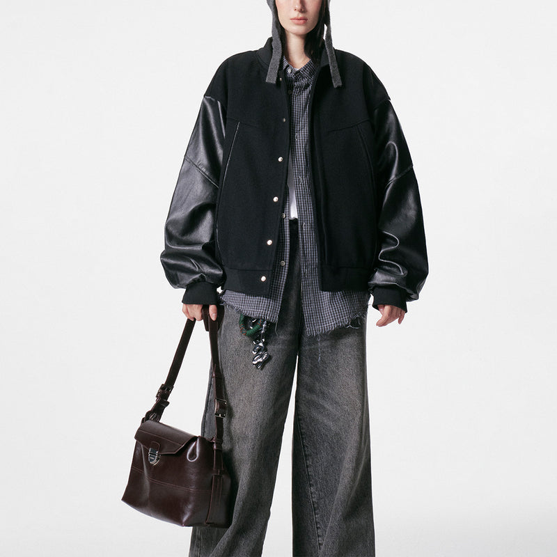 Retro deconstructed faux leather flight jacket, view 4