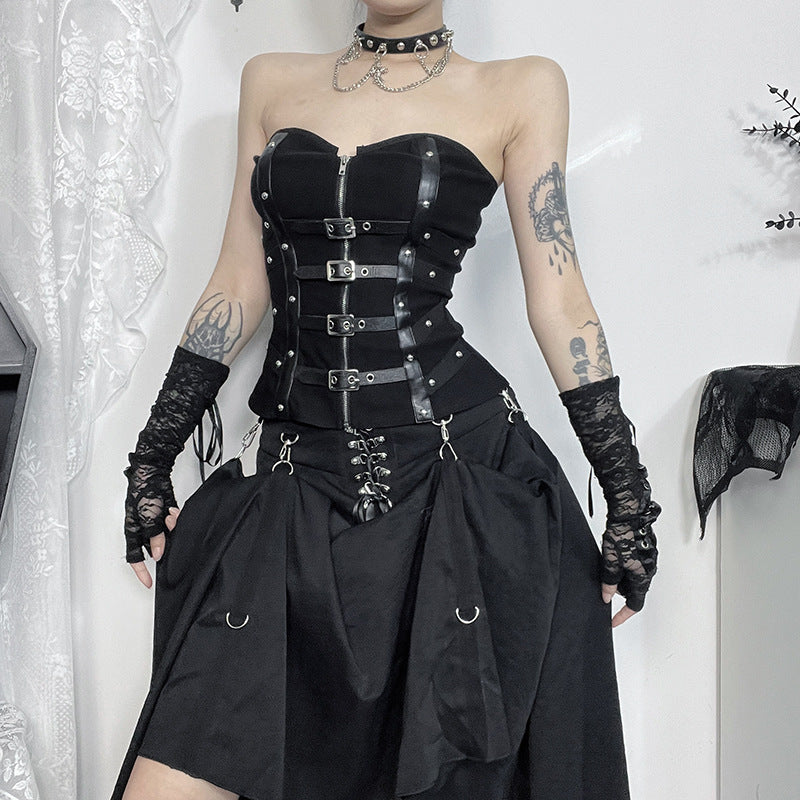 Spicy girl versatile fishbone strapless leather buckle vest for women