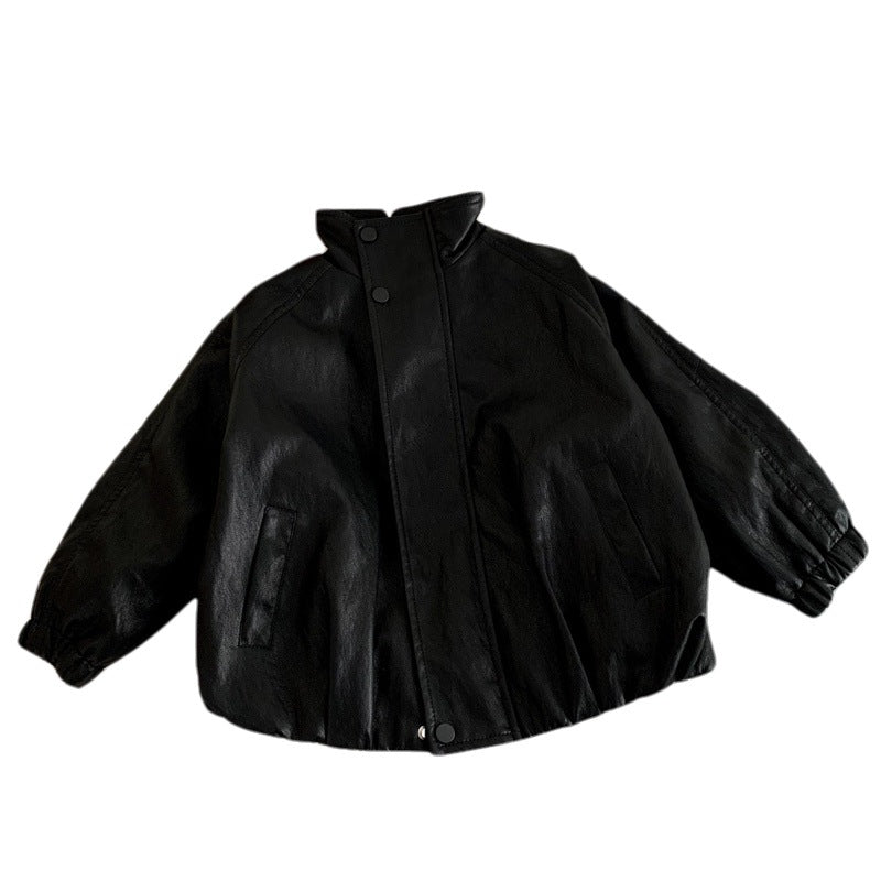Boys' black faux leather motorcycle jacket, view 5