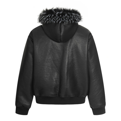 Black fur collar hooded faux leather padded jacket, view 2