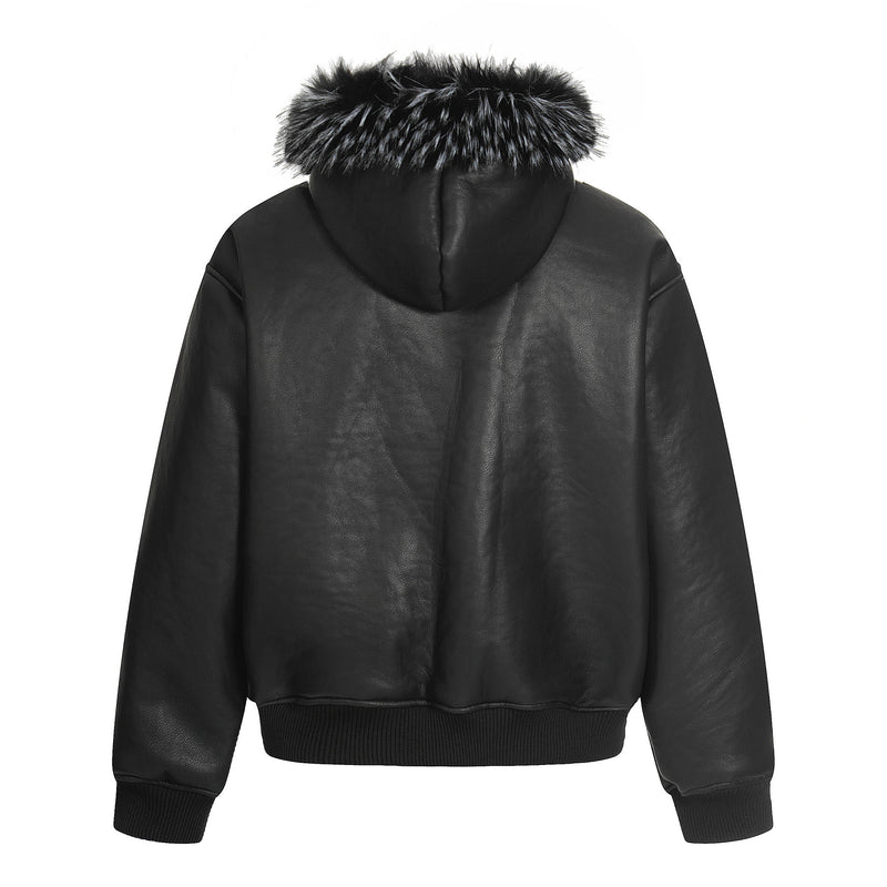 Black fur collar hooded faux leather padded jacket, view 2