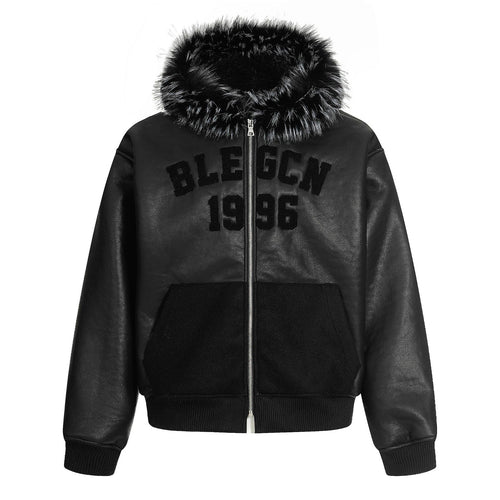 Black fur collar hooded faux leather padded jacket