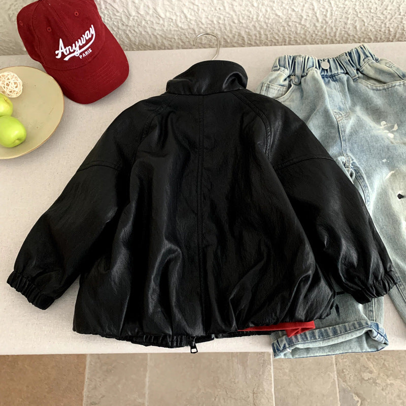 Boys' black faux leather motorcycle jacket, view 2