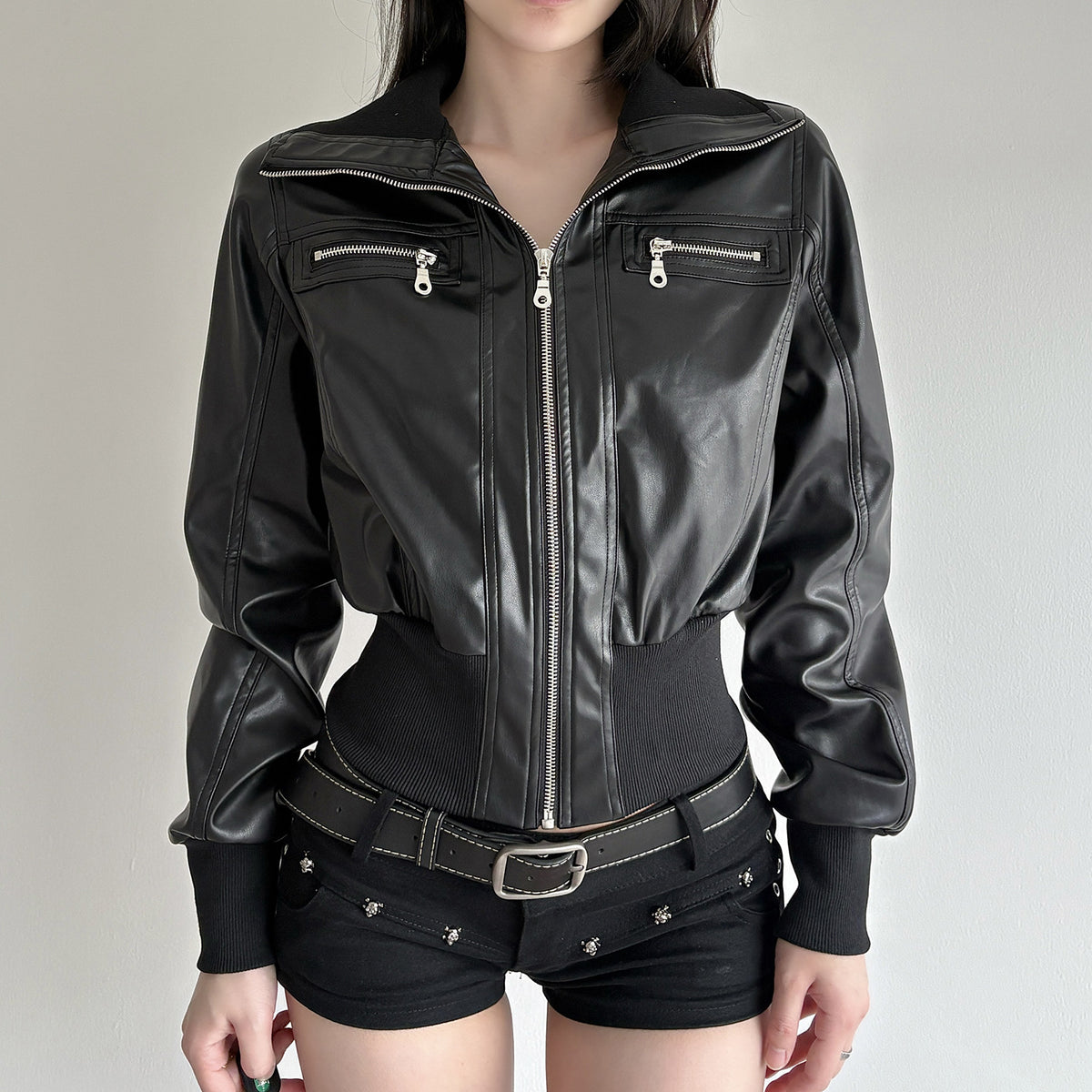 Retro dark leather pocket patchwork workwear jacket
