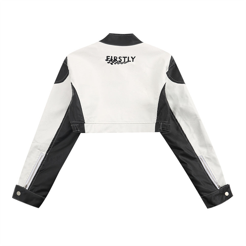 Casual Stitched PU Leather Jacket for Women Spring Color-Blocking