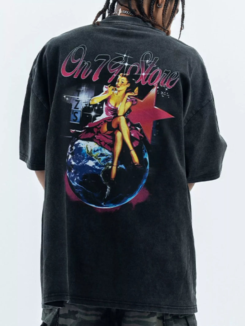 Men's black vintage graphic oversized T-shirt