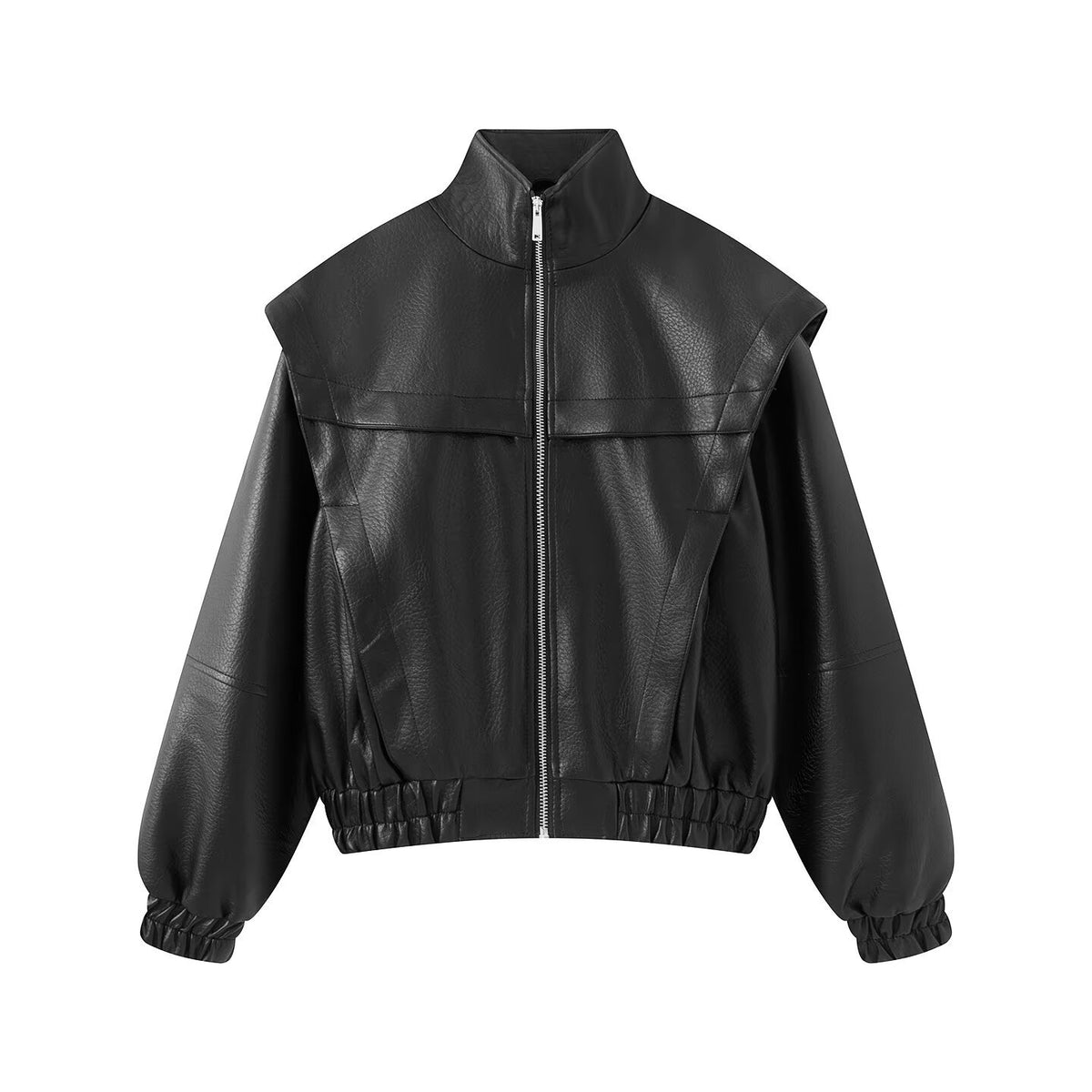 Stand up collar zipper fake two lychee leather patterned jackets