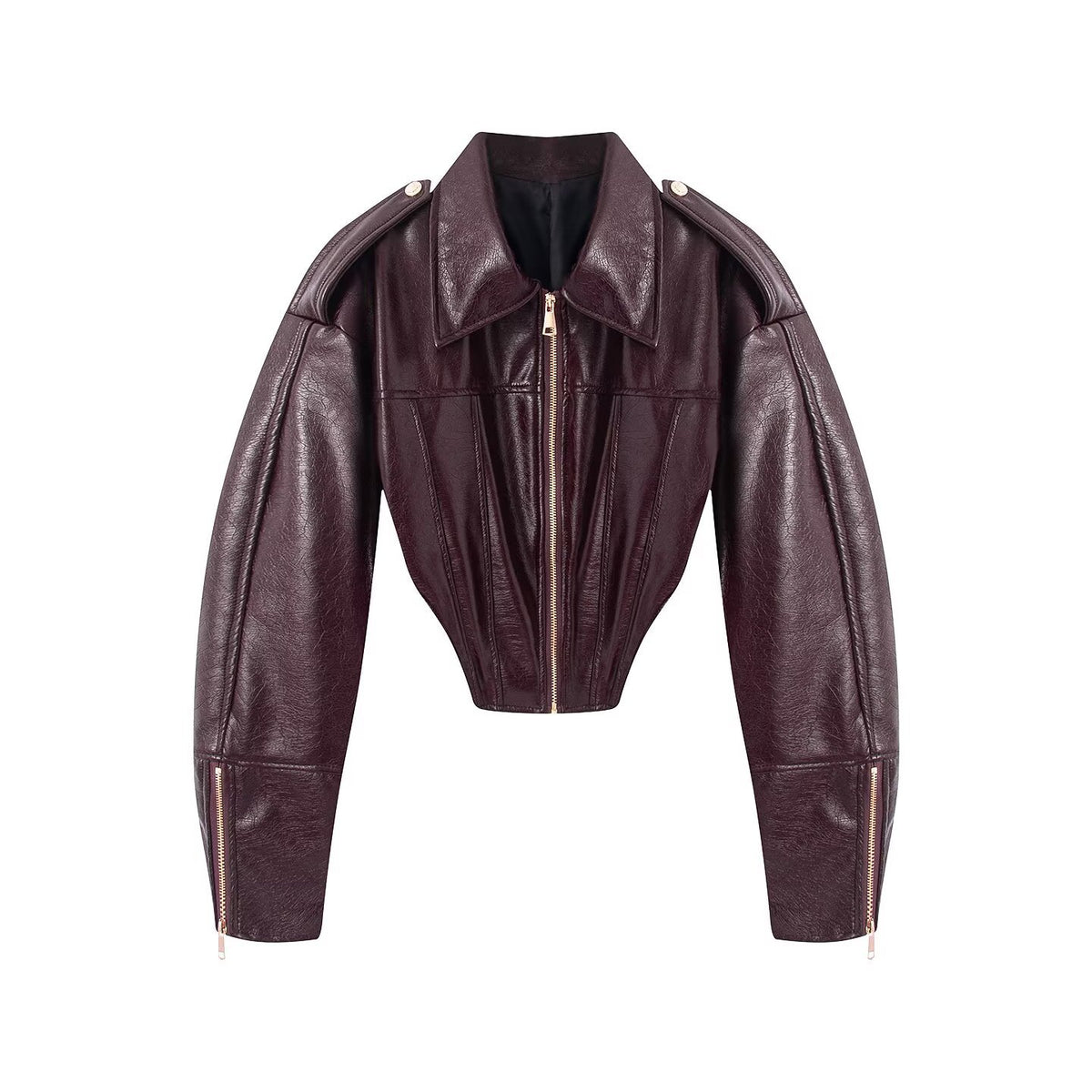 Retro motorcycle style shiny topcoat leather exposed waist short jacket