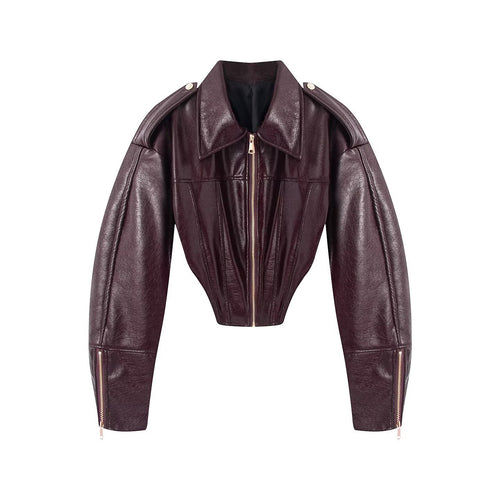 Women's shiny faux leather motorcycle jacket in burgundy