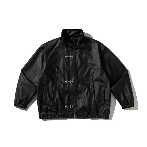 Black loose faux leather jacket with metal buckles