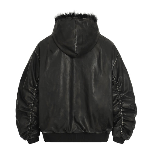 Retro hooded faux leather padded jacket, view 2