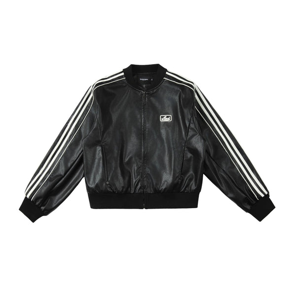 PU Leather Three-Stripe Baseball Jacket Short Style