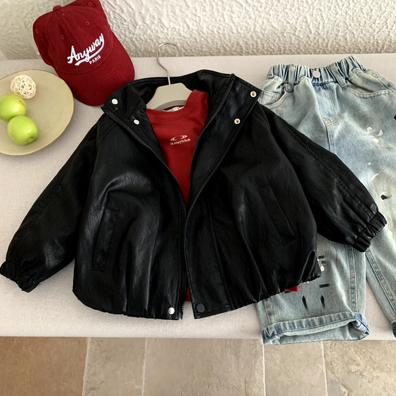 Boys' black faux leather motorcycle jacket in black