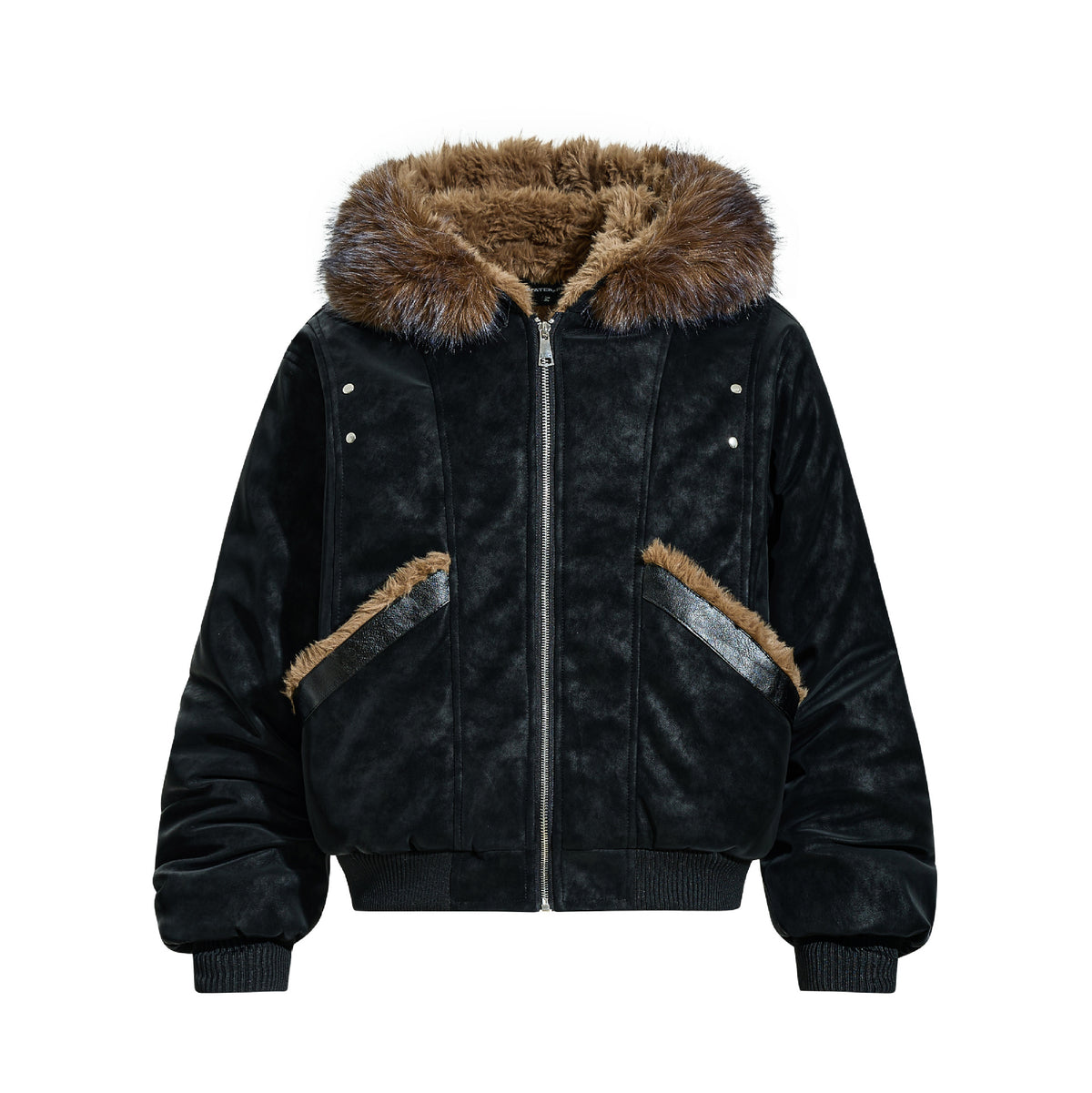 Plush collar hooded faux leather jacket in black