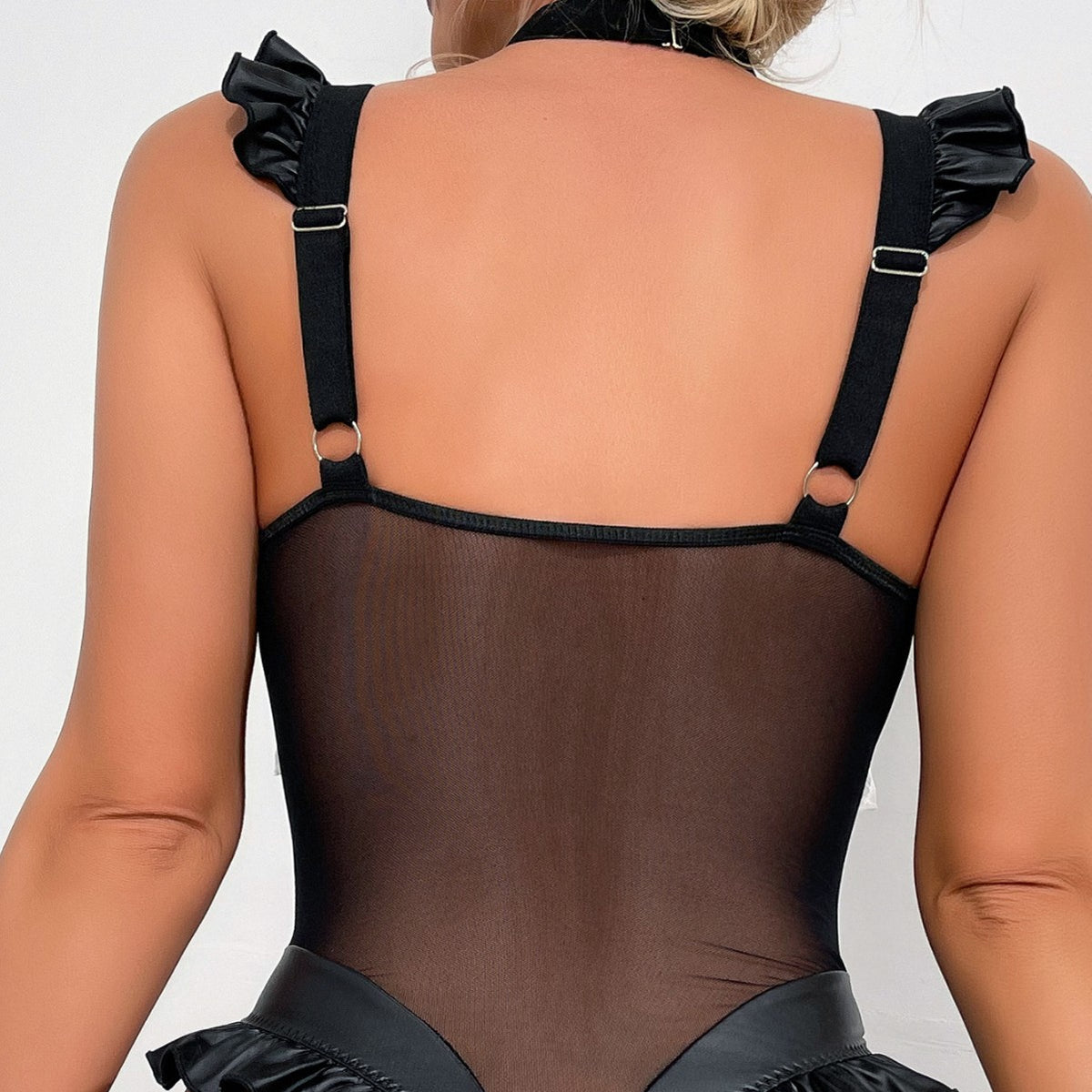 Sexy and Cute Bowknot Patent Leather and Mesh Spliced Bodysuit Set