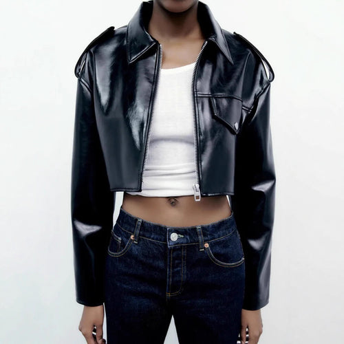Women's short black faux leather jacket with flip collar, view 2