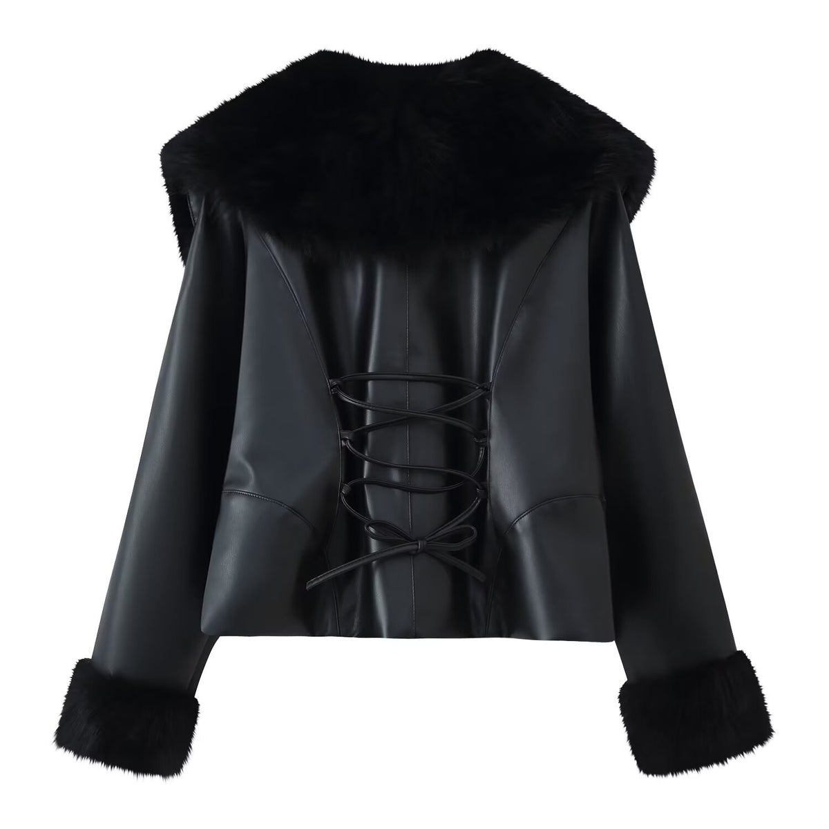 Street fur collar patchwork leather jacket long sleeved jacket