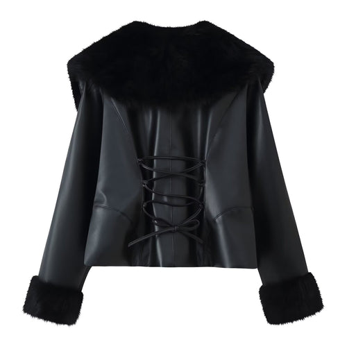 Black fur collar patchwork faux leather jacket, view 2