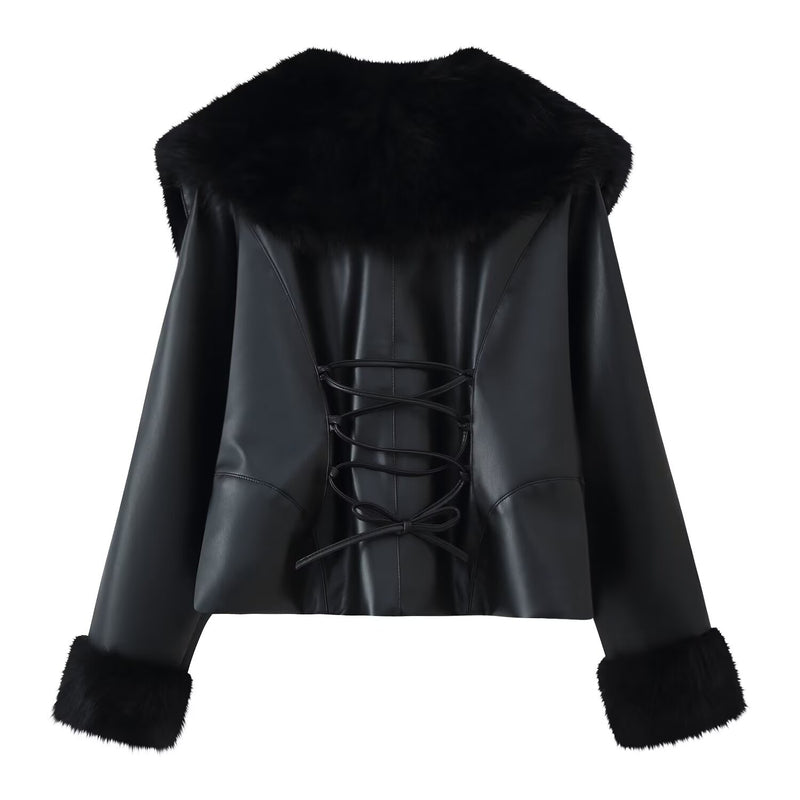 Black fur collar patchwork faux leather jacket, view 2