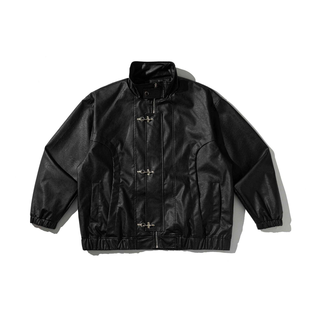 Metal Plane Buckle Design Loose PU Leather Jacket for Men