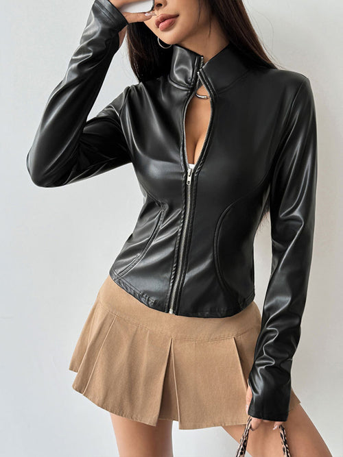 Women's black faux leather zip-up jacket, view 2