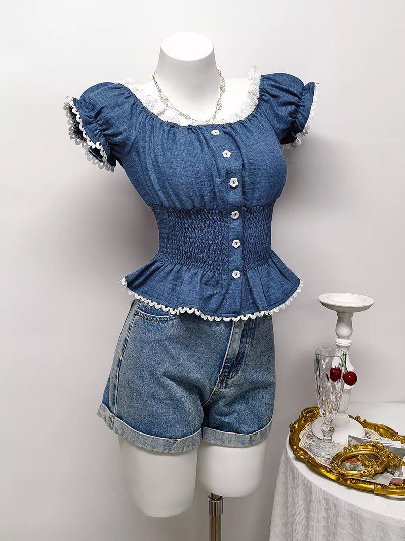 Blue smocked short sleeve blouse, view 2