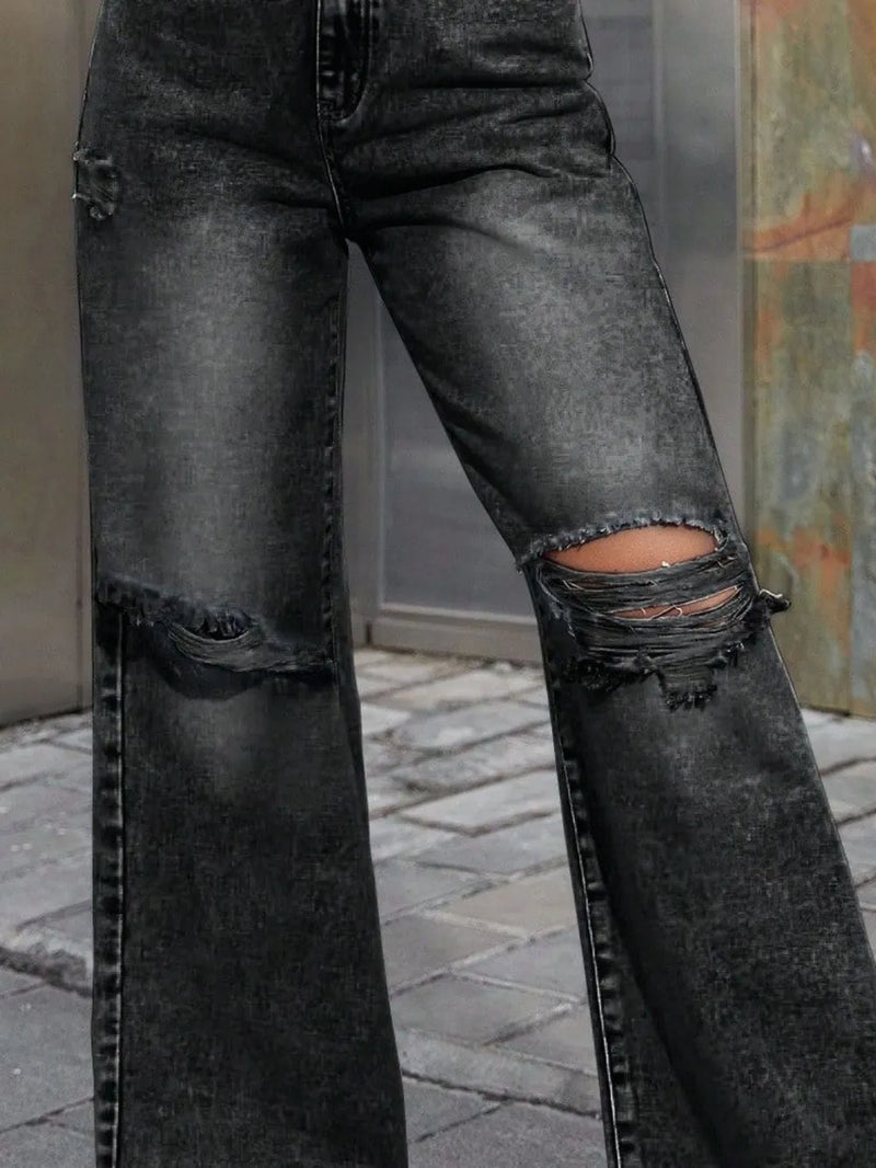 Dark gray distressed wide leg jeans, view 3