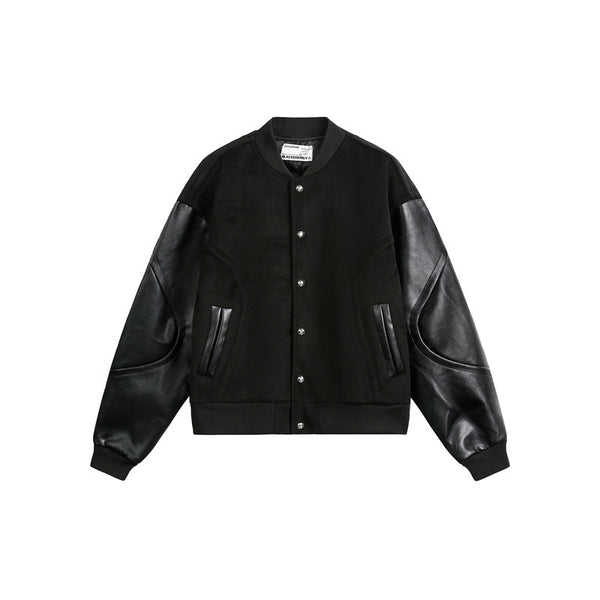 Wool and PU Leather Spliced Couple Jacket Men's Baseball Jacket