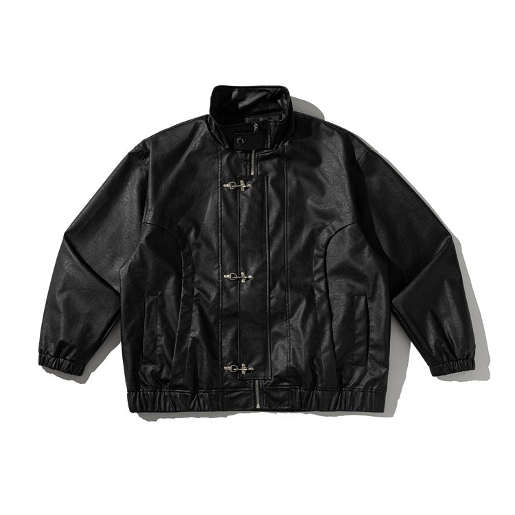 Metal Plane Buckle Design Loose PU Leather Jacket for Men