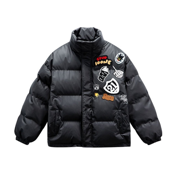 Men's towel embroidery faux leather padded jacket