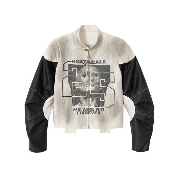 Skeleton digital printed patchwork stand up collar leather jacket