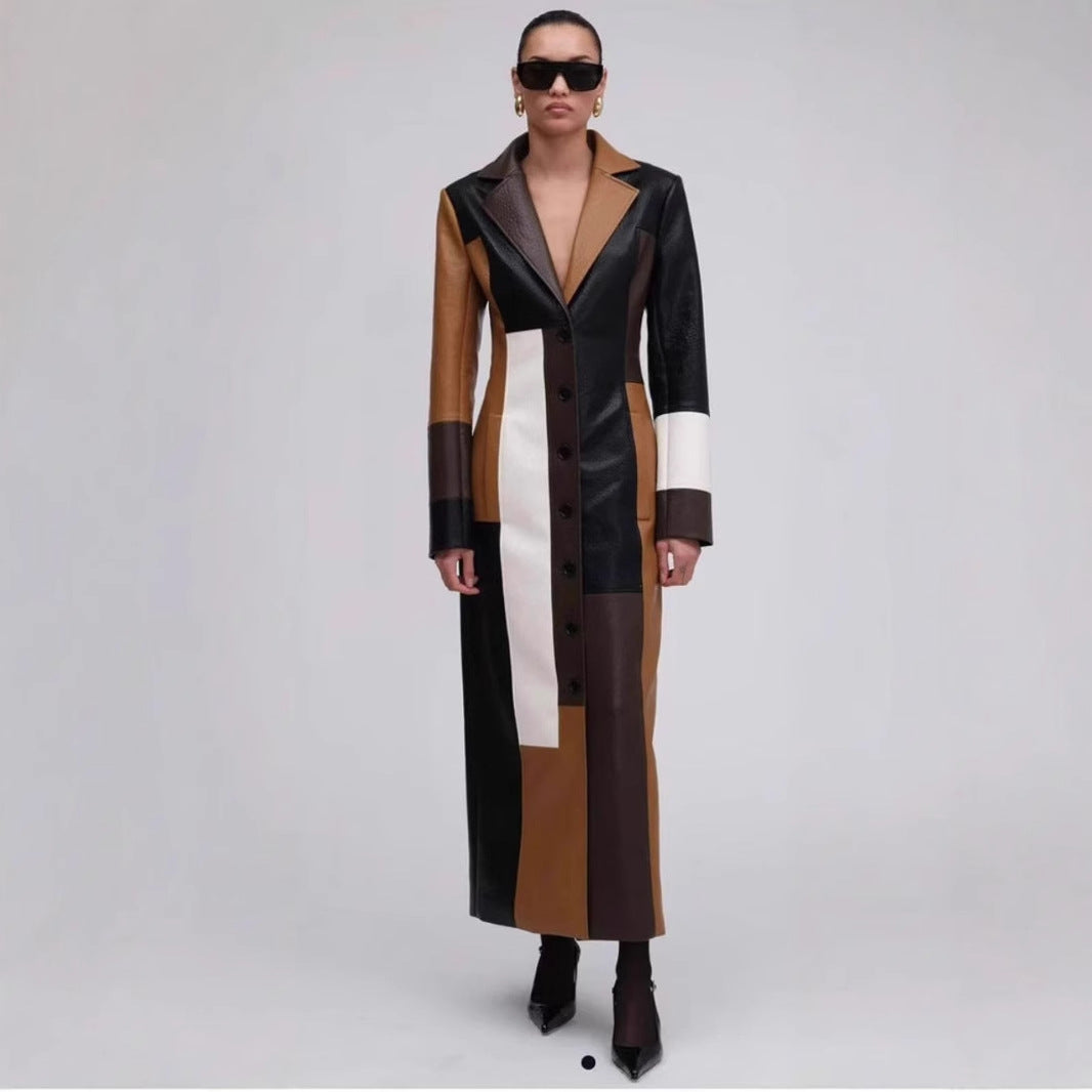 Autumn and winter V-neck women's long leather dress