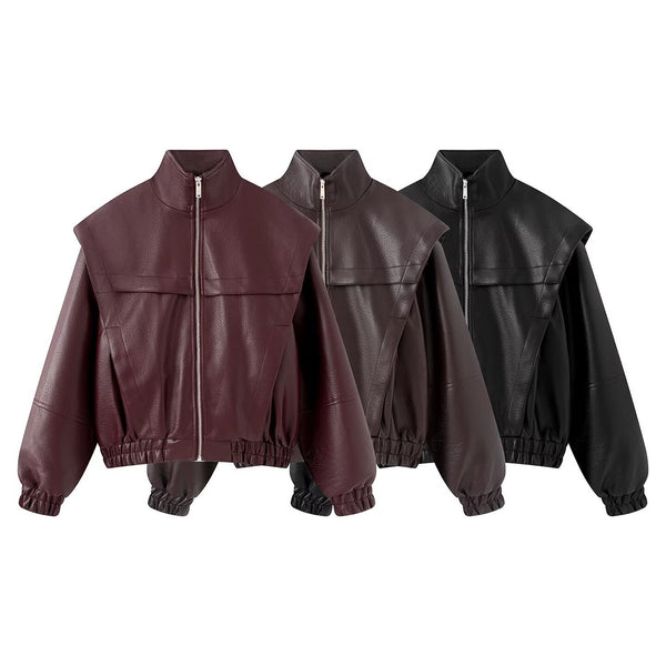 Stand up collar zipper fake two lychee leather patterned jackets