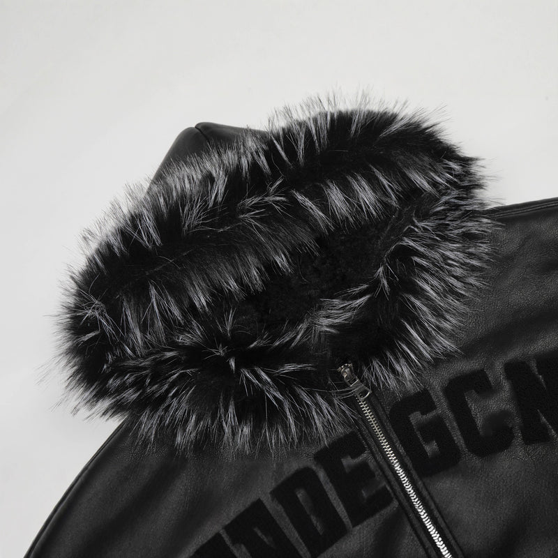 Black fur collar hooded faux leather padded jacket, view 3
