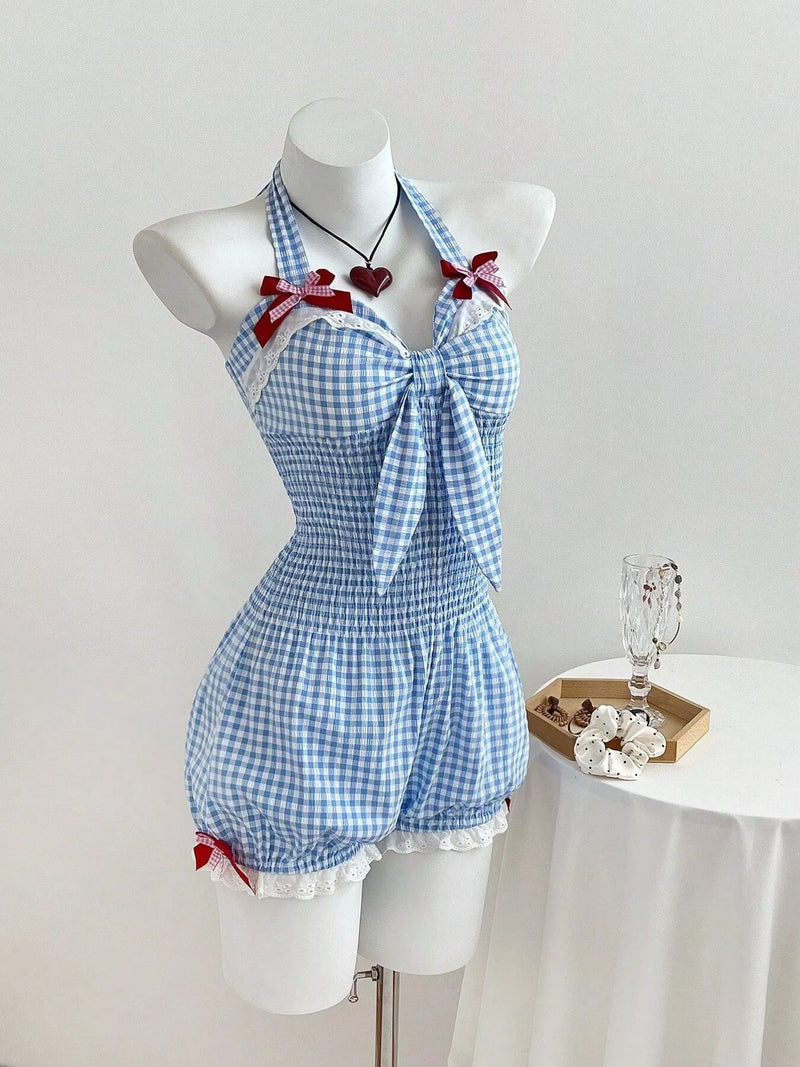 Blue gingham bowknot halter neck romper, view 3