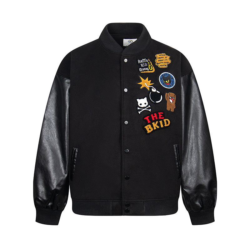 Men's retro varsity jacket with contrast sleeves in black